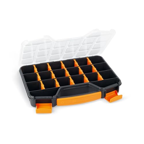 Perel Boîte d’assortiment, boîte de rangement en plastique, max. 20 compartiments, 16 séparateurs amovibles, couvercle transparent, empilable, pour vis...