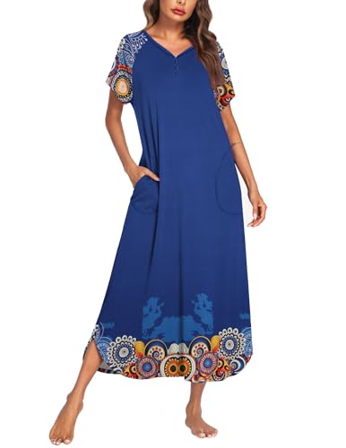 Image of Ekouaer Long Nightgown Women's Loungewear Short Sleeve Sleepwear Full Length Sleep Shirt with Pockets