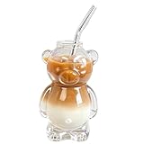 Teddy Bear Coffee Tumbler, Cute Honey Bear Glass Cup Jar with Straw 12oz, Coffee Beer Wine Cocktail Drinks Glassware, Unique Honeybear Shaped Cups, For Home Bar, Kitchen, Restaurant, Party(1PC)