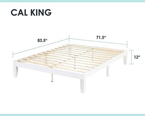 Mellow Naturalista Classic 12 Inch Solid Wood Platform Bed with Wooden Slats, Cal King, Whit