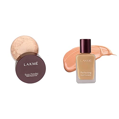 Image of LAKME Rose Face Powder For Oily Skin Type, Natural Finish, Soft Pink, 40g And Perfecting Liquid Foundation, Pearl, 27ml