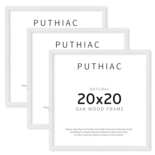 puthiac 20x20 White Picture Frames for Wall - Minimalist 20x20 Oak Wood Frames, 20"x20" Picture Frame Wood, Natural Solid Wooden Picture Frames for Wall Art Photo and Prints (3 Pack, White)
