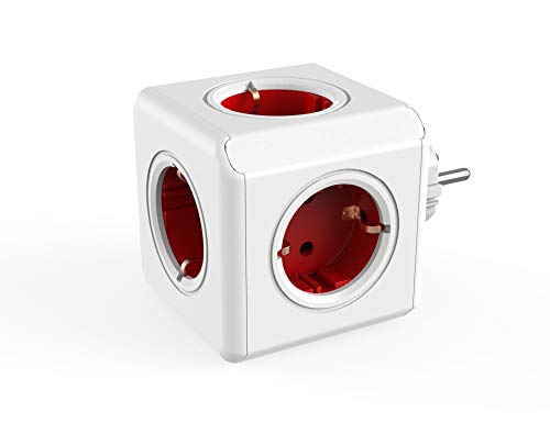 Dr. Bott tomada multi-cubo original, adaptador de viagem com 5 tomadas não sobrepostas e ladrão de secretária sem cabo, estilo Schuko de 230 V, vermelho/branco