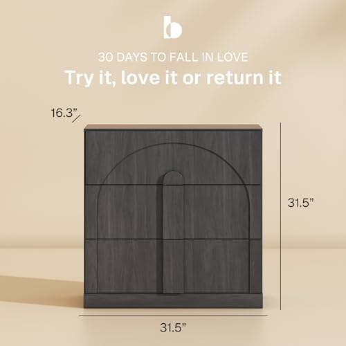 Image of BELLEZE Sideboard Cabinet with 3 Drawers, Set of 2 Modern Wood Buffet Cabinet with Arc Design, Large Fluted Sideboard with Storage for Kitchen Living Room Entryway, Ebony