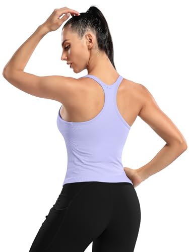 Image of ATTRACO Ribflex Ribbed Workout Crop Tops with Built in Bra for Women Yoga Racerback Tank Top Slim Fit