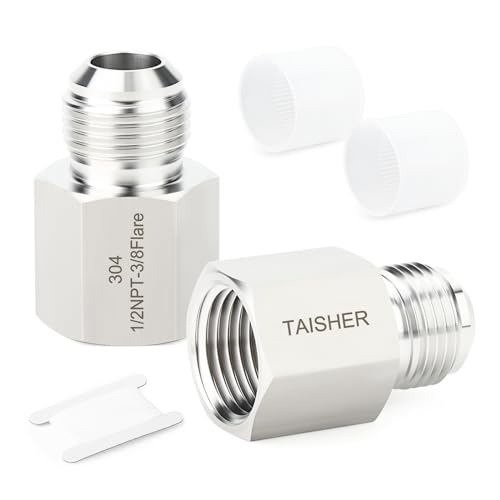 Image of TAISHER 2PCS Forging of 304 Stainless Steel Tube Flare Fittings, 3 /8 inch Male Flare x 1 /2 inch NPT Female, Half Union