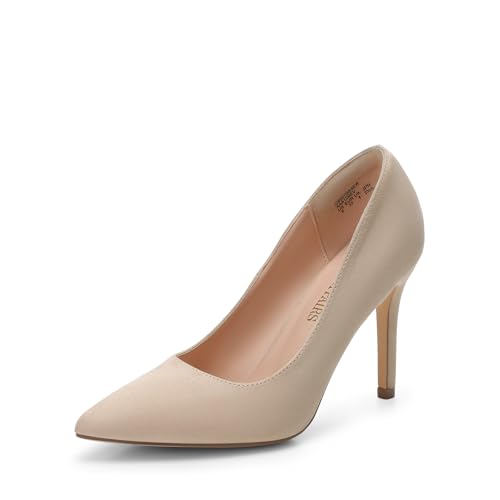 DREAM PAIRS Women's Closed Toe High Heels Dress Pointed Toe Wedding Pump Shoes,Size 8.5,Nude/Suede