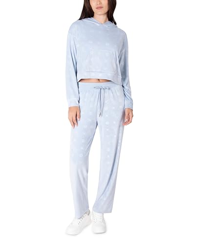 Paris Hilton Women's Lounge Set Embellished Velour Pullover Hoodie and Wide Leg Pants, Baby Blue, Medium