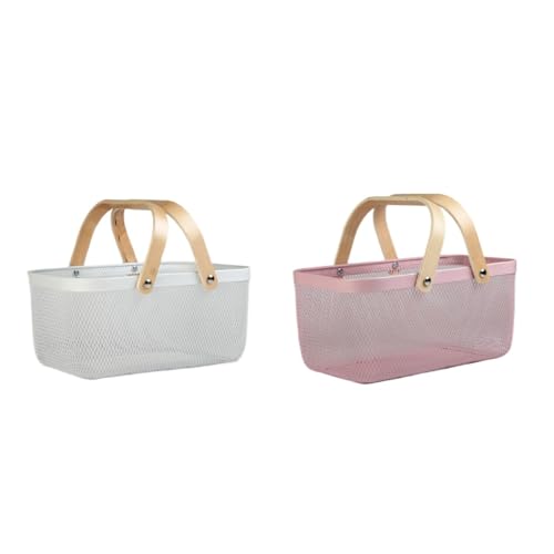 SENKARワイヤーバスバスケット 手提げ式 多機能収納ケース 浴室・温泉用品 化粧品収納 省スペース シンプルおしゃれ クローゼット/トイレ適用 ホワイト+ピンク (ホワイト+ピンク)