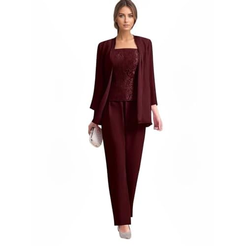 3 Pieces Chiffon Lace Mother of The Bride Pant Suits for Wedding Formal Grandmother Pantsuit Outfits with Jacket