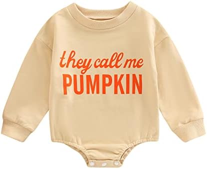 BOIBOKOKO Infant Baby Boy Girl Halloween Outfit Long Sleeve Pumpkin Letter Print Romper Bodysuit One Piece Baby Halloween Clothes (Khaki , 6-12 Months )