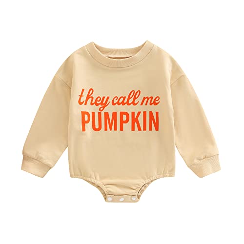 Image of Lamuusaa Newborn Baby Girl Boy Halloween Outfits Long Sleeve Pumpkin Romper Sweatshirt Oversized Sweater Fall Tops