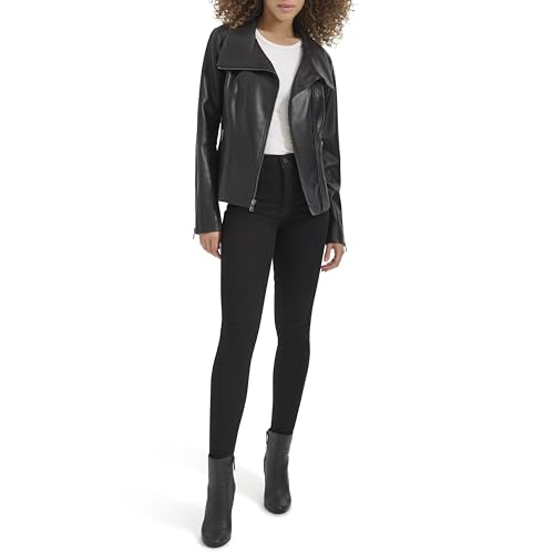 Kenneth Cole Womens Faux Leather Zip Jacket With Envelope Collar