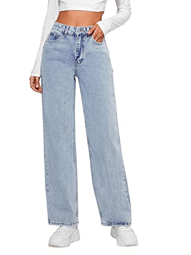 SweatyRocks Women's Casual Loose High Waist Solid Straight Wide Leg Jeans Light Wash M