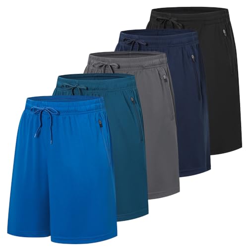 Cimic 5 Pack Mens Athletic Shorts Quick Dry Gym Running Workout Basketball Shorts for Men with Zippered Pockets D3010 Blue XL