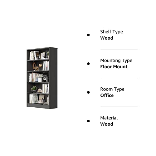 Wood Bookcase 5-Shelf Freestanding Display Wooden Bookshelf For Home Office School (11.6" D*33" W*59.8" H,Grey) #TOP7