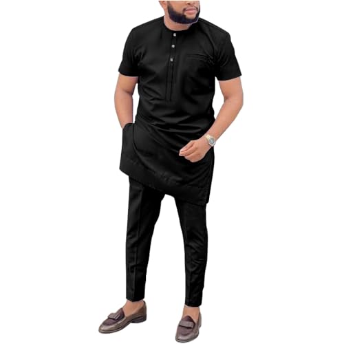 SEA&ALP African Men‘s Clothing Shirt Pant Two Piece Suit Short Sleeve Outfit Dashiki Tracksuit Attire