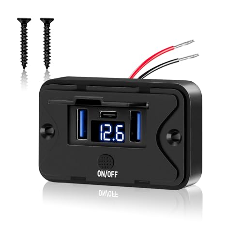 Daakro 72W USB Ladebuchse 12V Autoladegerät Mit Voltmeter Dual QC3.0 USB & PD3.0 Typ C Handy Schnellladegerät Wasserdicht mit Schalter für 12 V / 24 V Wohnwagen, Autos, Motorräder, LKWs