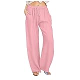 Summer Linen Pants for Women,2025 Trendy Wide Leg Casual Lightweight Flowy Beach Pant Slacks,Drawstring High Waist Palazzo Trousers with Pockets Travel Outfits(B-Pink,M)
