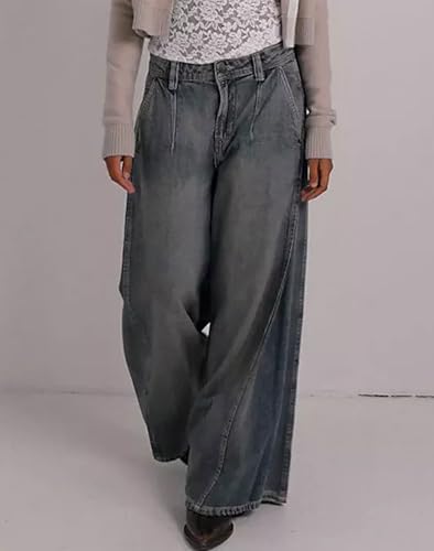 loveimgs Women Y2k Baggy Wide Leg Denim Pants Boyfriend Patchwork Flare Jeans Mid Rise Distressed Palazzo Pockets3
