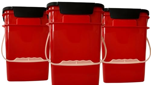 House Naturals 4 Gallon Square Buckets with lids- Made in USA Container- Pack of 10 (Red - Black lids)