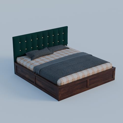 Image of Sheesham Wood Queen Size Bed With Storage Box | Upholstered Beds | Platform Cot With Cushioned Headboard | Double Bed For Home | Recommended Mattress 78x60 Inch | Bottle Green & Walnut Finish