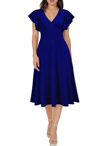 Image of WOOSEA Women's Ruffle Short Sleeve Deep V Neck A Line Swing Flared Cocktail Party Midi Dress