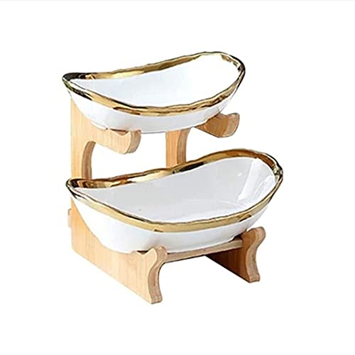 ZJYWMM Fruits of Etagere 2 Storey with Bamboo Frame Ceramic Fruit Bowl, Oval Fruit Basket Creative Worktop Decoration Snack Candy Plate Fruit Plate Fruit Basket Vegetables Candy Shelves,W