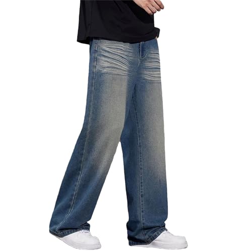 Men's Casual Fashion Wide Leg Wash Jeans Baggy Leg Vintage Solid Color Straight Jeans