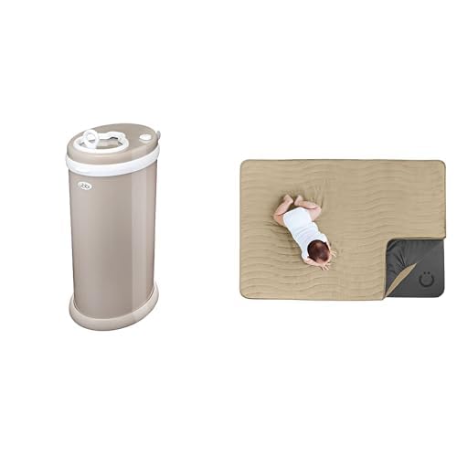 Bundle of Ubbi Stainless Steel Diaper Pail, No Special Bag Required, Award-Winning, Registry Must-Have + Baby Floor Mat, 40.5 x 57 Padded Play Mat, Cotton Muslin Cover, Machine Washable, Taupe