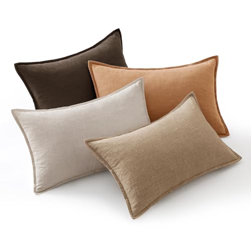 MIULEE Neutral Brown Boho Linen Pillow Covers 12x20 Inch Pack of 4