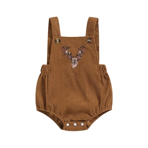 Pudcoco Toddler Baby Boys Girls Corduroy Deer Romper Sleeveless Embroidered Antler Hunting Overalls Clothes (Khaki, 0-3 Months)