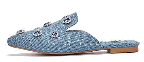 Cape Robbin Sierra Bedazzled Pointed Toe Mule Flats, Denim Size 10 #TOP24