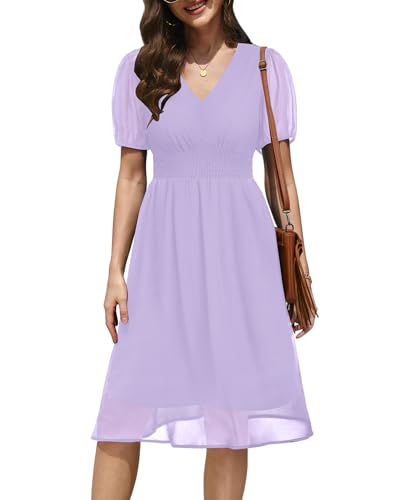 Image of Holipick Women Summer Casual Dress Wedding Guest V Neck Short Sleeves Smocked Waist Chiffon Swing Knee Length Midi Dresses