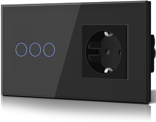 BSEED Lichtschalter mit Schuko Steckdose Glas, unterputz, 16 Amp CEE steckdosentresor, 3 Fach 1 Weg Touch Wandleuchtenschalter Schwarz, Flacher wechselschalter, Modern, Wasserdicht Innenschalter