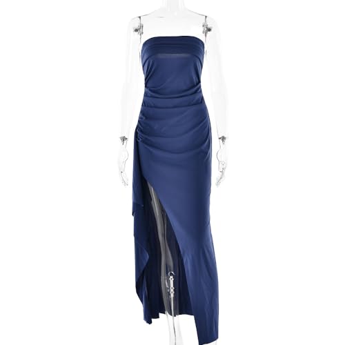 Image of Women's Off Shoulder Backless Ruched Bodycon Dress Sexy Strapless High Split Long Maxi Dresses for Party Cocktail