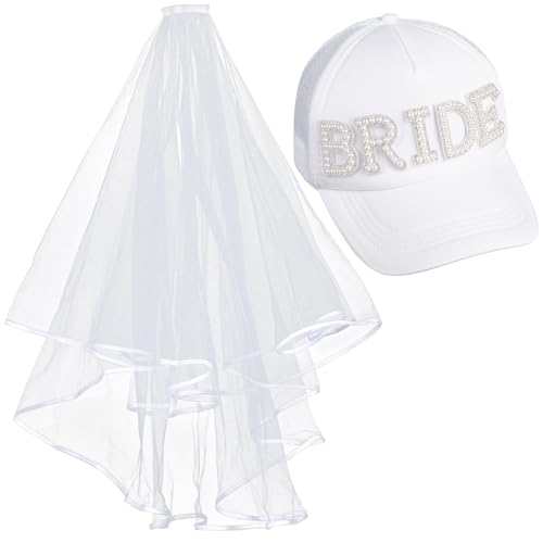 Image of Framendino, Bachelorette Bride White Trucker Hat Baseball Cap with Detachable Veil for Party
