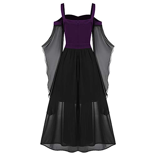CHARMMA Gothic Halloween Kleid Kostüm Damen Übergröße A-Linie Schnüren Maxi Kleider mit Schmetterlingsärmeln für Frauen Festliches Vintage Schwarz Hexenkleid Cosplay Club Party Dress (Violett 3XL)