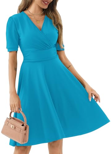Image of Women's Summer Casual Dress Short Sleeve Wrap V-Neck A-Line Dress Sundress Wedding Guest Cocktail Midi Dresses
