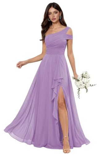 SEPT PRETTY Floor Length Ruffle Dusty Purple Chiffon Bridesmaid Dress for Women One Shoulder A Line Formal Evening Gown for Wedding Guest Size 10