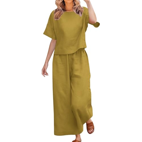 riou 2026 Conjunto Chándal Mujer Verano Casual Lino Y Algodón Cómodo Suelto Conjunto De 2 Piezas Pantalon Y Blusa Color Sólido Cintura Alta Loungewear Diarios Trabajo Playa Vacaciones