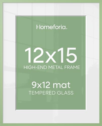 Image of Homeforia 12x15 Sage Green Picture Frame, High End Metal 12x15 Poster Frames with Mat 9x12 Photo, 12 x 15 Sage Green Frames Matted to 9 by 12 Art, 15x12 Thin Frame, Tempered Glass, Wall Kit, Set of 1