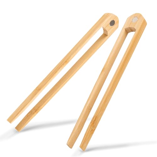 KAQISIMILA 8.9 Inch Natural Bamboo Toaster Tongs with Magnetic Holder -Kitchen Utensils for Toast, Bacon, Muffins, Bagels (2-Pack)