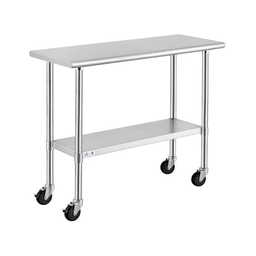 Image of ROCKPOINT Stainless Steel Table for Prep & Work with Caster Wheels 18x36 Inches, NSF Metal Commercial Kitchen Heavy Duty Table with Adjustable Under Shelf and Table Foot for Restaurant, Home and Hotel