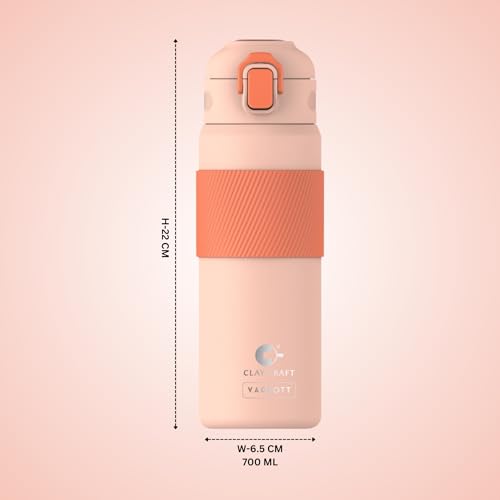 Image of Clay Craft VACBOTT Amber Double Walled 18 Hours Hot and 24 Hours Cold Water Bottle-700ML, 2-Piece(Peach) Leak Proof|Easy to Carry|Gym Bottle|Home|Kitchen|Hiking|Travel Bottle|BIS Certified