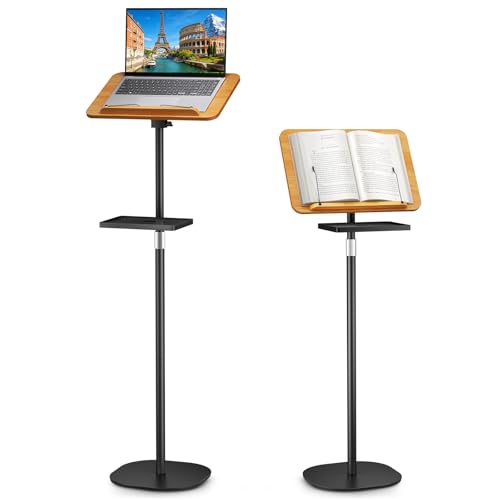 2 in 1 Adjustable Floor Book Stand & Music Stand with Removable Tray, 19.7' to 51.2' Foldable Reading Book Holder with Page Clips for Laptop, Cookbooks, Sheet Music, Wooden Podium Stand for Projector