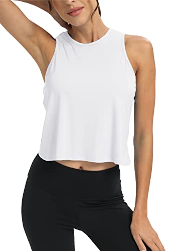 Mippo Crop Workout Tops For Women High Neck Workout Tank Tops Womens Muscle Tank Athleitc Gym Shirts Cropped Workout Exercise Sports Shirts White M #TOP2