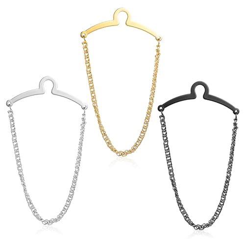 3 Pack Tie Chain for Men, Necktie Chains with Ring Clasps, Elegant Tie Clips, Suit Accessories Men Business Jewelry for Suits, Business Wedding Accessories (Gold, Silver, Black)​