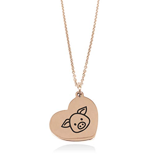 Tioneer Rose Gold Plated Stainless Steel Pig Icon Floating Heart Tag Charm Pendant Necklace