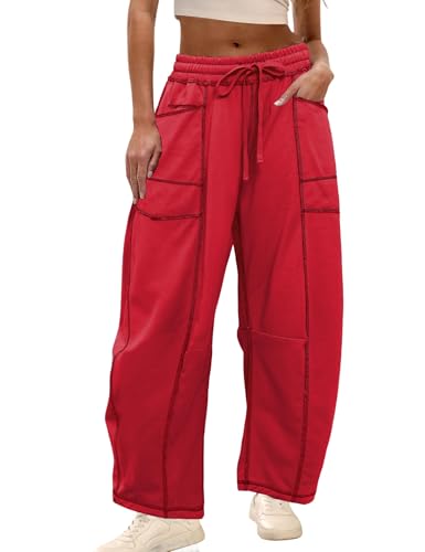 Athlisan Womens Baggy Barrel Pants Wide Leg Lounge Drawstring Sweatpants with Pockets(Red-M)